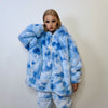 Tie-dye fleece jacket handmade pastel faux fur coat rave jacket premium fluffy 2 in 1 hooded festival bomber detachable puffer in sky blue