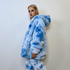 Tie-dye fleece jacket handmade pastel faux fur coat rave jacket premium fluffy 2 in 1 hooded festival bomber detachable puffer in sky blue