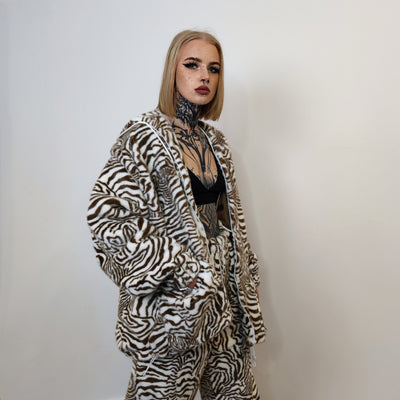 Zebra print jacket handmade detachable faux fur animal print bomber stripe pattern fleece premium hooded party coat festival hoodie in brown