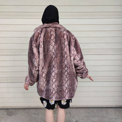 Luxury faux fur snake coat python print bomber handmade detachable fluffy jacket fleece puffer premium grunge trench in pastel pink