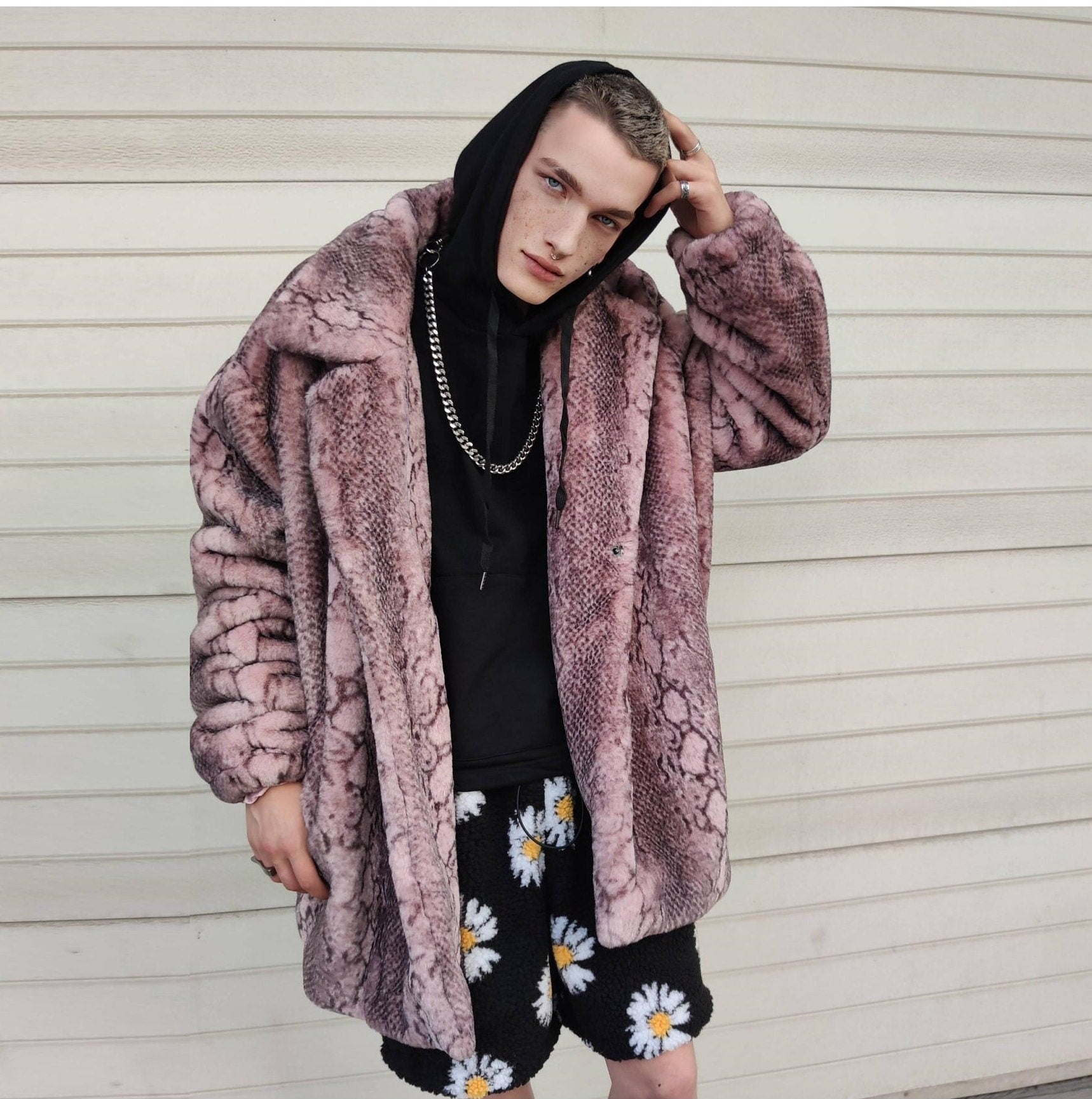 Luxury faux fur snake coat python print bomber handmade detachable fluffy jacket fleece puffer premium grunge trench in pastel pink