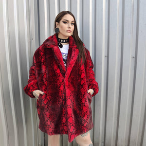 Luxury faux fur snake coat python print bomber handmade detachable fluffy jacket fleece puffer premium grunge trench in red black