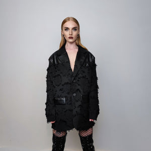 Going out jacket faux leather party blazer big pocket distressed bomber punk rocker varsity catwalk PU utility jacket in black