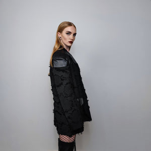 Going out jacket faux leather party blazer big pocket distressed bomber punk rocker varsity catwalk PU utility jacket in black