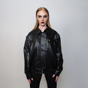 Faux leather biker jacket 80s PU aviator retro rubber bomber rocker coat grunge varsity going out coat 80s punk utility jacket in black