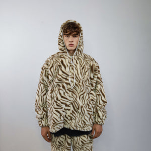 Zebra jacket handmade detachable faux fur animal print bomber stripe pattern fleece premium hooded party coat festival hoodie in brown cream