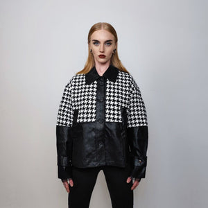 Houndstooth varsity jacket faux leather aviator big pocket dogtooth bomber check coat grunge varsity going out coat PU utility jacket black