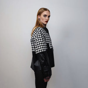 Houndstooth varsity jacket faux leather aviator big pocket dogtooth bomber check coat grunge varsity going out coat PU utility jacket black