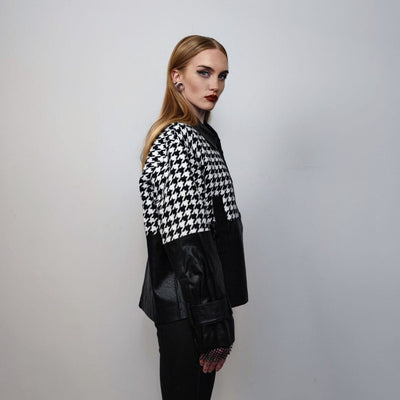 Houndstooth varsity jacket faux leather aviator big pocket dogtooth bomber check coat grunge varsity going out coat PU utility jacket black