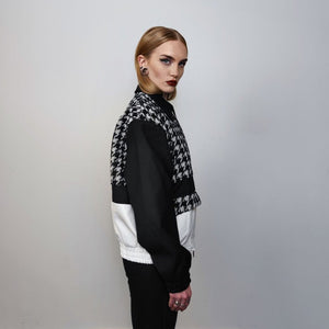 Houndstooth jacket faux leather finish aviator color block bomber rocker coat grunge varsity dogtooth utility woolen coat in black