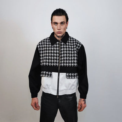 Houndstooth jacket faux leather finish aviator color block bomber rocker coat grunge varsity dogtooth utility woolen coat in black