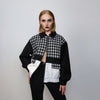 Houndstooth jacket faux leather finish aviator color block bomber rocker coat grunge varsity dogtooth utility woolen coat in black