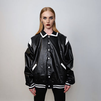 Faux leather utility jacket biker PU aviator retro color block bomber rocker coat grunge varsity going out coat 90s punk jacket in black