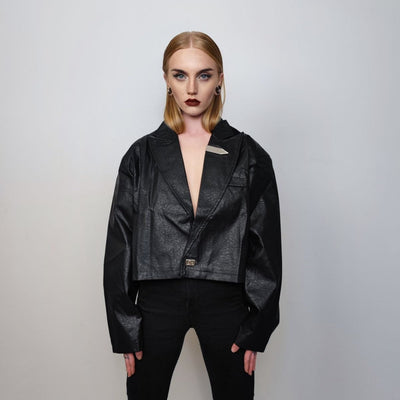 Cropped biker jacket faux leather racing aviator rocker bomber grunge going out coat PU utility catwalk jacket in black