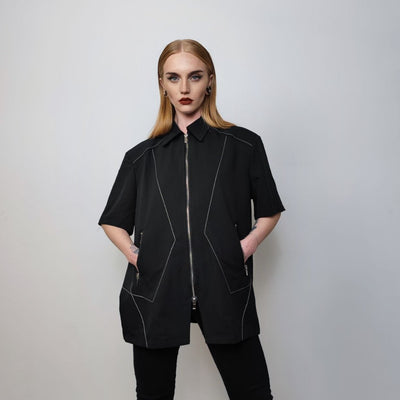 Futuristic shirt geometric top short sleeve gothic jumper zip up utility blouse catwalk pullover punk rocker tee going out shirt in black