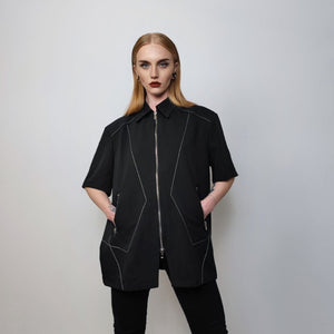 Futuristic shirt geometric top short sleeve gothic jumper zip up utility blouse catwalk pullover punk rocker tee going out shirt in black