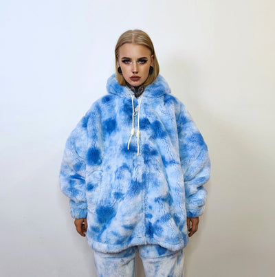 Tie-dye fleece jacket handmade pastel faux fur coat rave jacket premium fluffy 2 in 1 hooded festival bomber detachable puffer in sky blue