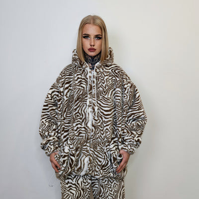 Zebra print jacket handmade detachable faux fur animal print bomber stripe pattern fleece premium hooded party coat festival hoodie in brown