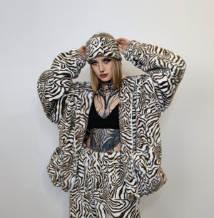 Zebra print jacket handmade detachable faux fur animal print bomber stripe pattern fleece premium hooded party coat festival hoodie in brown