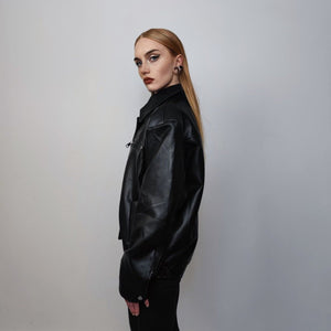 Faux leather biker jacket 80s PU aviator retro rubber bomber rocker coat grunge varsity going out coat 80s punk utility jacket in black