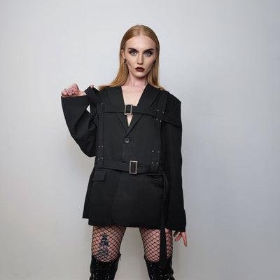 Utility blazer double buckle jacket grunge punk bomber gorpcore gothic coat going out varsity fancy dress coat catwalk jacket in black