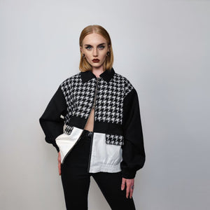 Houndstooth jacket faux leather finish aviator color block bomber rocker coat grunge varsity dogtooth utility woolen coat in black