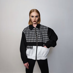 Houndstooth jacket faux leather finish aviator color block bomber rocker coat grunge varsity dogtooth utility woolen coat in black