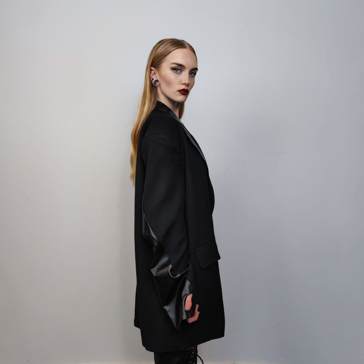 Faux leather sleeves blazer going out jacket utility PU bomber gorpcore coat fancy dress varsity catwalk coat gothic jacket in black