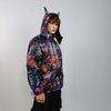 Anime bomber handmade reversible graffiti puffer devil horn jacket detachable Japanese cartoon coat two sided hooded jacket in purple