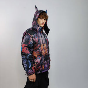 Anime bomber handmade reversible graffiti puffer devil horn jacket detachable Japanese cartoon coat two sided hooded jacket in purple