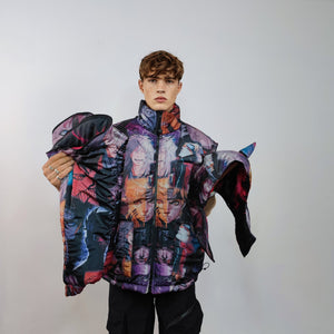 Anime bomber handmade reversible graffiti puffer devil horn jacket detachable Japanese cartoon coat two sided hooded jacket in purple