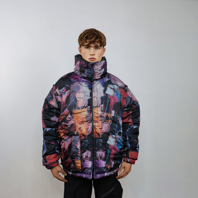 Anime bomber handmade reversible graffiti puffer devil horn jacket detachable Japanese cartoon coat two sided hooded jacket in purple