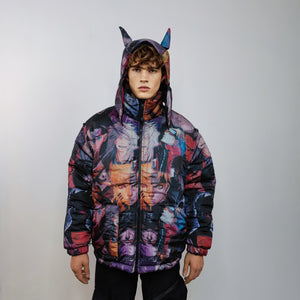 Anime bomber handmade reversible graffiti puffer devil horn jacket detachable Japanese cartoon coat two sided hooded jacket in purple