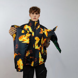 Flame print bomber handmade reversible graffiti puffer devil horn jacket detachable burning fire coat two sided hooded jacket black yellow