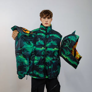 Flame print bomber handmade reversible graffiti puffer devil horn jacket detachable burning fire coat two sided hooded jacket black yellow