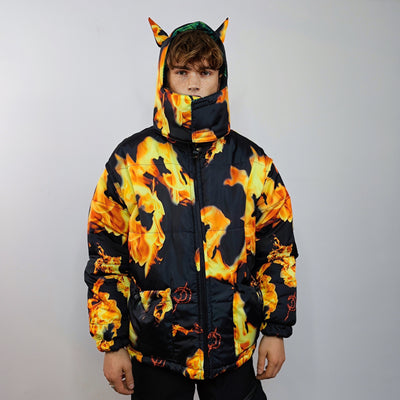 Flame print bomber handmade reversible graffiti puffer devil horn jacket detachable burning fire coat two sided hooded jacket black yellow