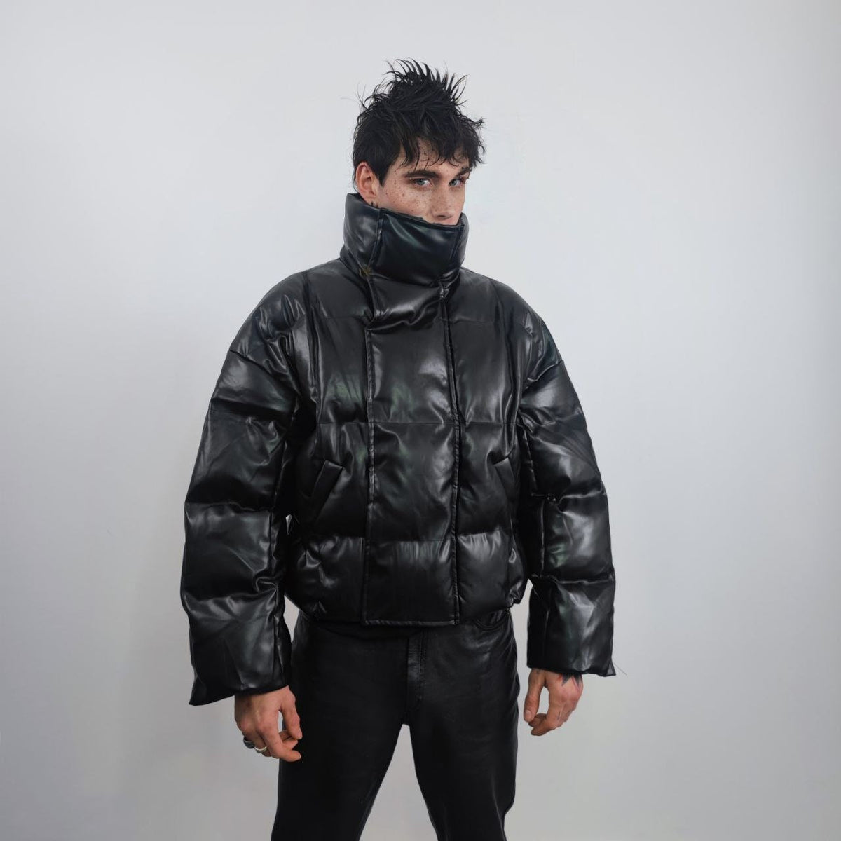 Faux leather puffer jacket utility PU bomber raised neck gorpcore coat going out varsity fancy dress coat catwalk jacket in black