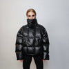 Faux leather puffer jacket utility PU bomber raised neck gorpcore coat going out varsity fancy dress coat catwalk jacket in black