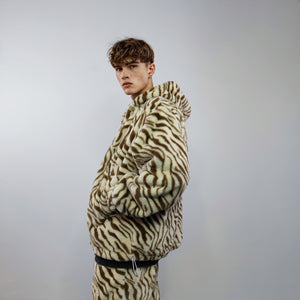 Zebra jacket handmade detachable faux fur animal print bomber stripe pattern fleece premium hooded party coat festival hoodie in brown cream