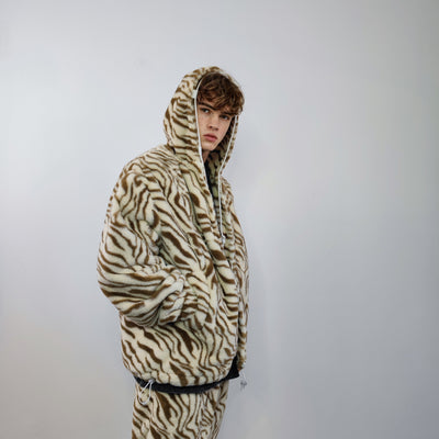 Zebra jacket handmade detachable faux fur animal print bomber stripe pattern fleece premium hooded party coat festival hoodie in brown cream