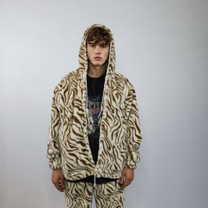 Zebra jacket handmade detachable faux fur animal print bomber stripe pattern fleece premium hooded party coat festival hoodie in brown cream