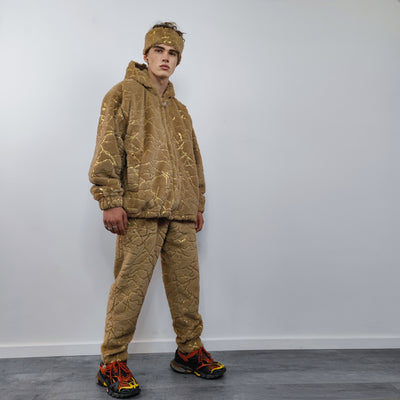 Golden faux fur joggers metallic pants handmade luminous fleece raver trousers premium party overalls in brown and gold