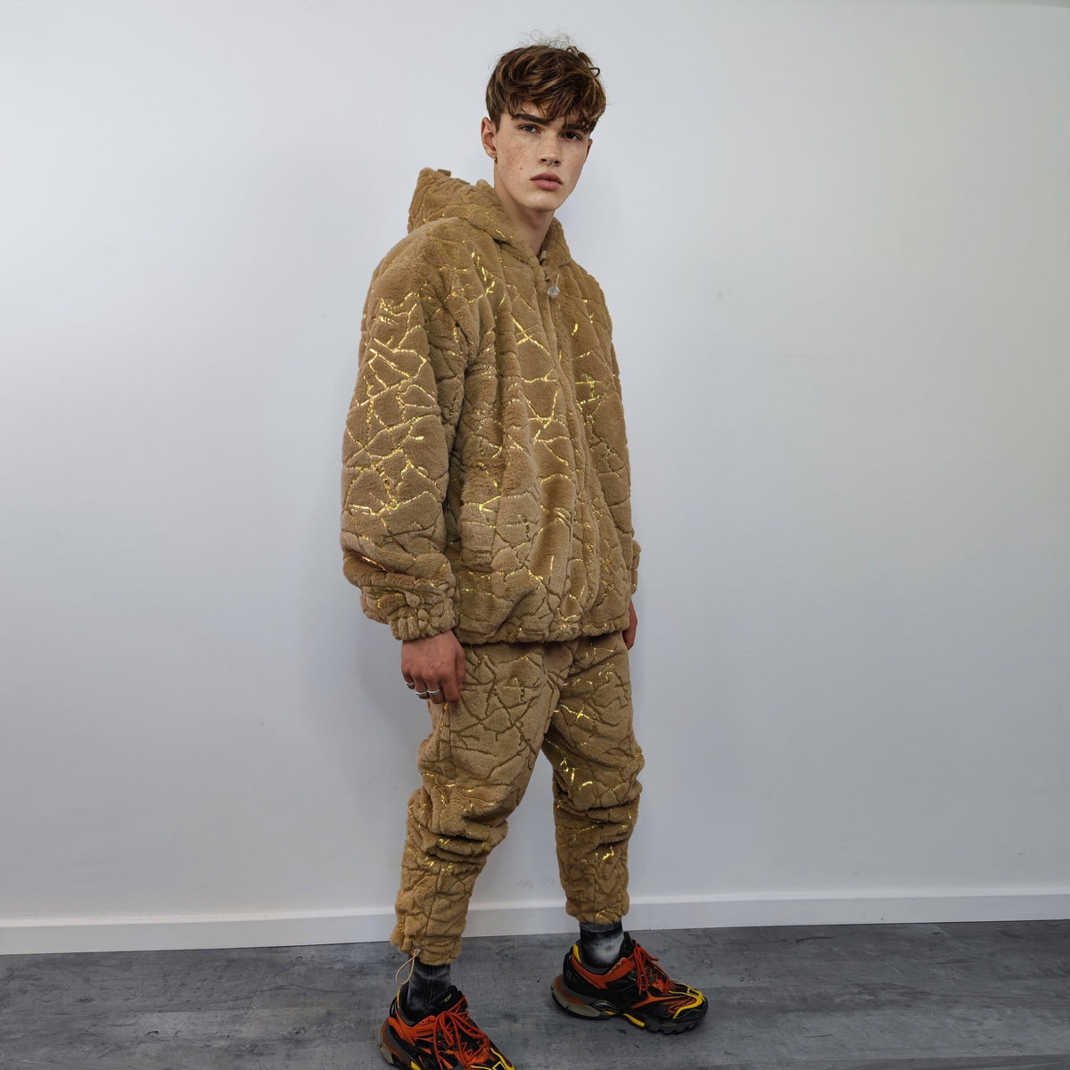 Golden faux fur joggers metallic pants handmade luminous fleece raver trousers premium party overalls in brown and gold