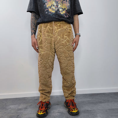 Golden faux fur joggers metallic pants handmade luminous fleece raver trousers premium party overalls in brown and gold