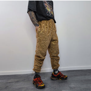 Golden faux fur joggers metallic pants handmade luminous fleece raver trousers premium party overalls in brown and gold