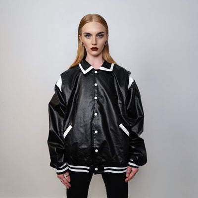 Faux leather utility jacket biker PU aviator retro color block bomber rocker coat grunge varsity going out coat 90s punk jacket in black