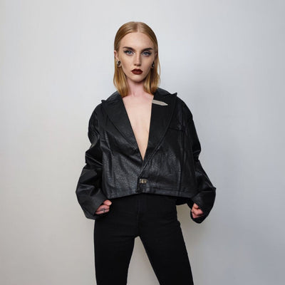 Cropped biker jacket faux leather racing aviator rocker bomber grunge going out coat PU utility catwalk jacket in black