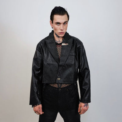 Cropped biker jacket faux leather racing aviator rocker bomber grunge going out coat PU utility catwalk jacket in black