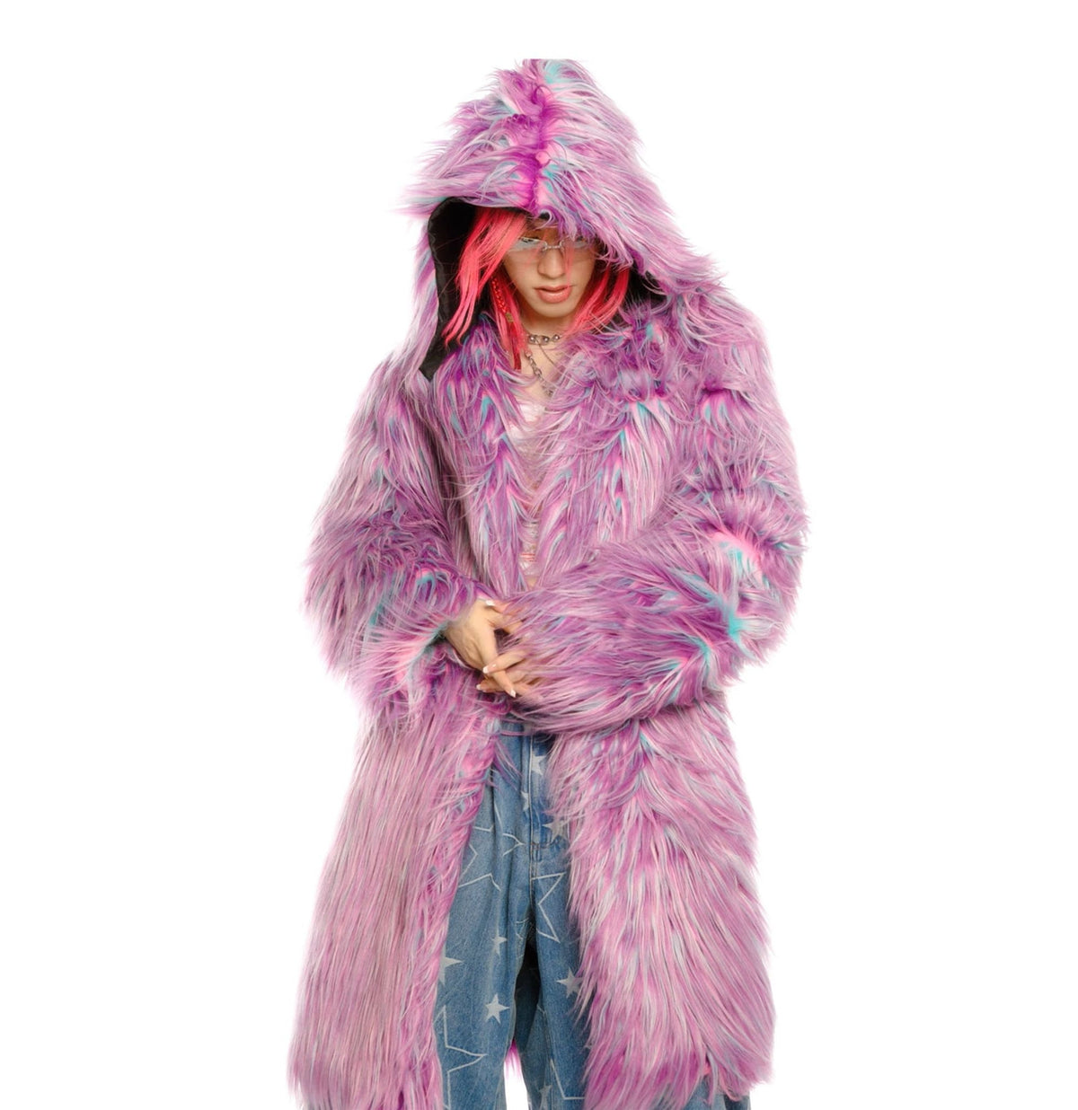 Festival faux fur longline jacket fluorescent raver bomber fluffy raver coat fleece party bomber neon burning man coat in bright purple