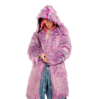 Festival faux fur longline jacket fluorescent raver bomber fluffy raver coat fleece party bomber neon burning man coat in bright purple